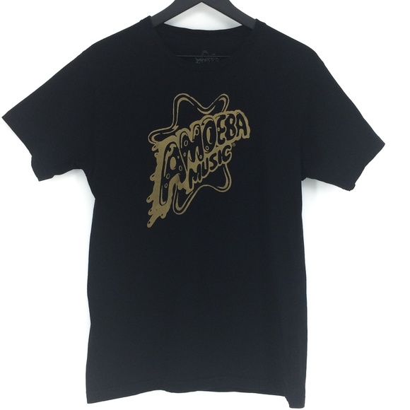 AMOEBA MUSIC Gold on Black Limited Edition Logo Short Sleeve T-Shirt Size S - Picture 1 of 8